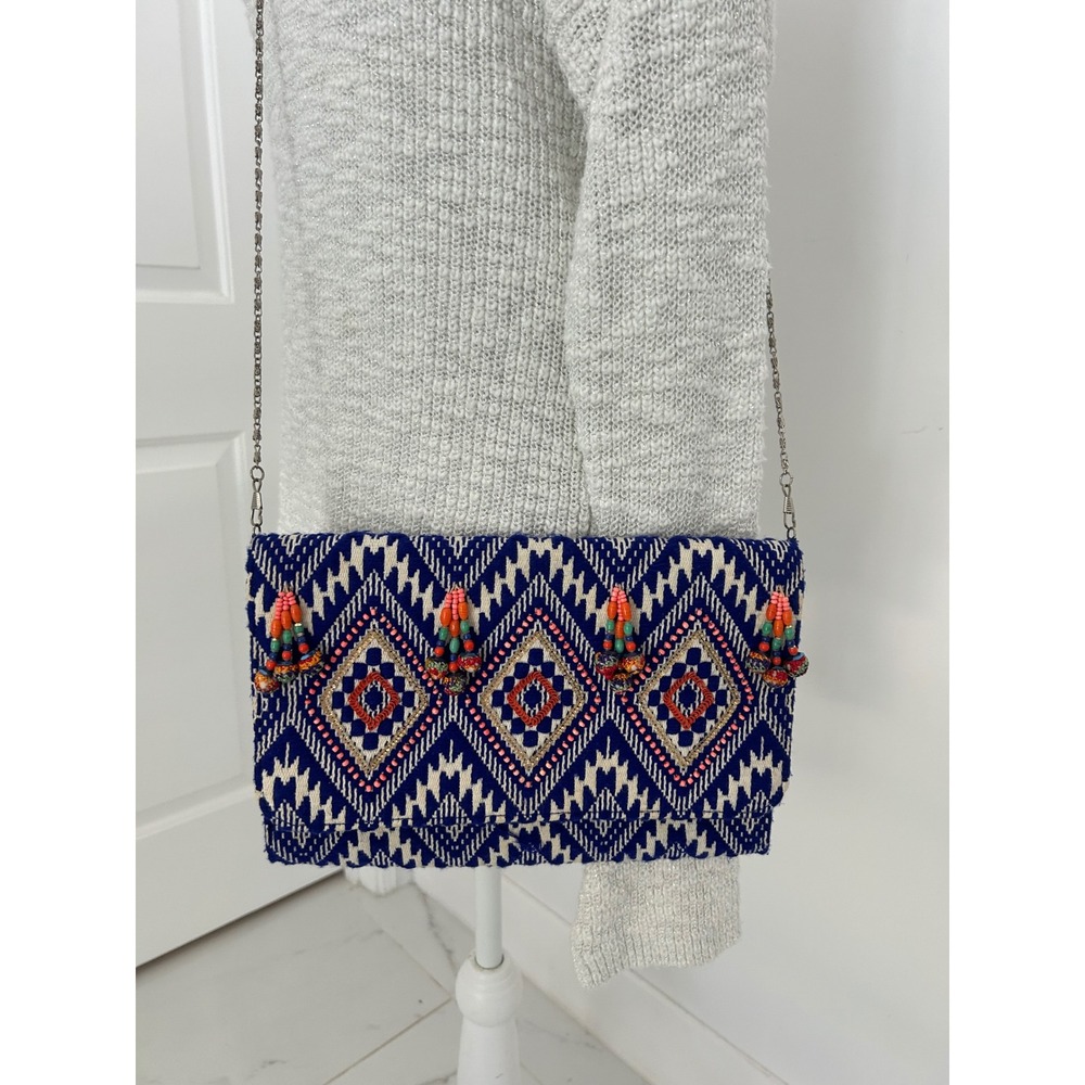 La Chic Designs Blue Woven Geometric Beaded Tassel Clutch Boho Chic Crossbody